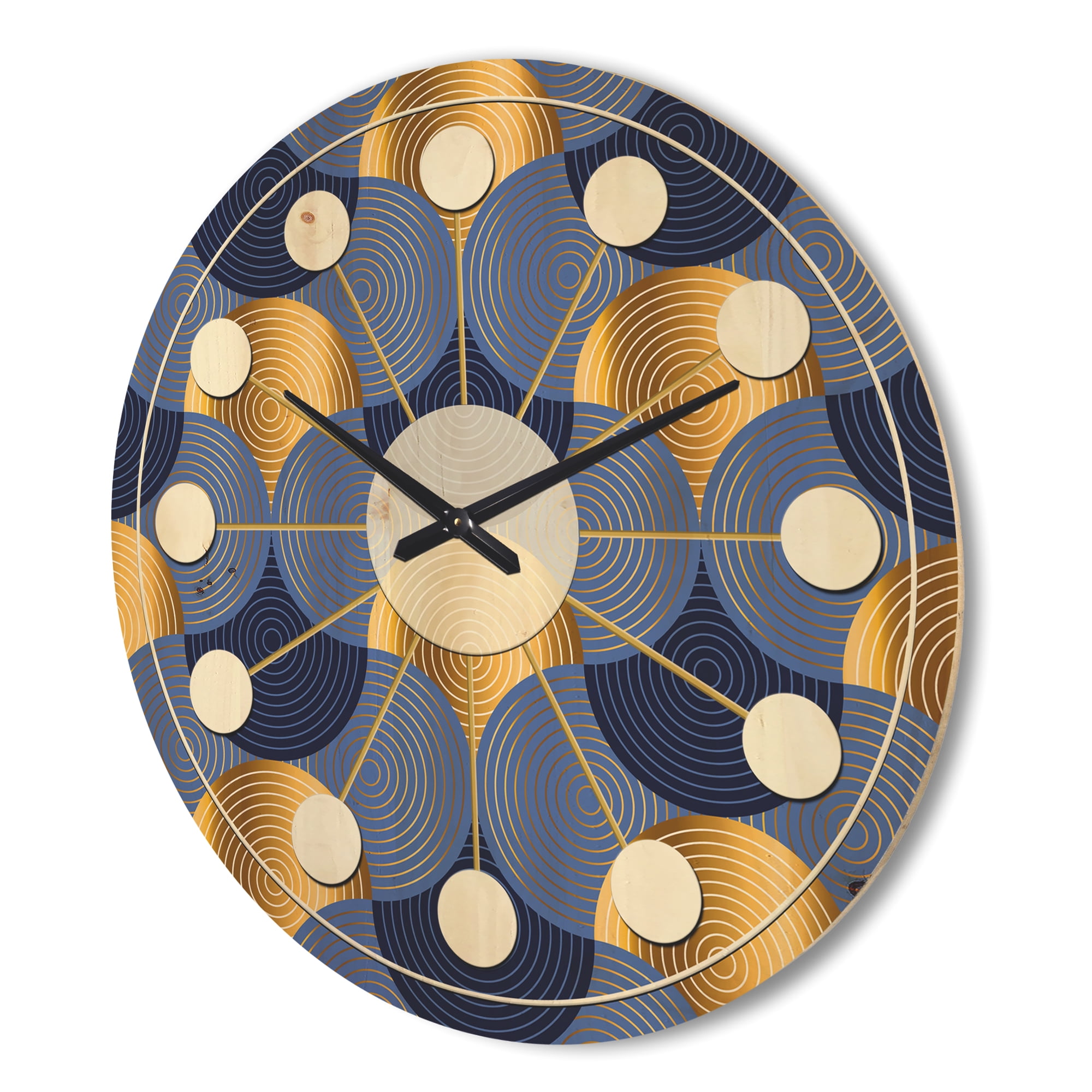 Designart 'Retro Luxury Waves In Blue and Gold VIII' Mid-Century Modern Wood Wall Clock