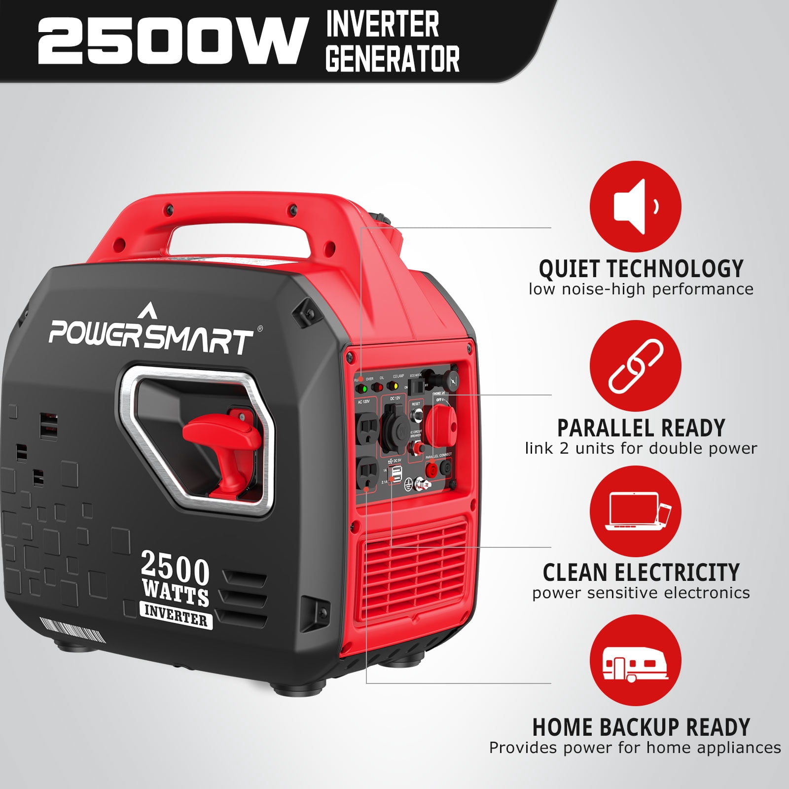 PowerSmart 2500-Watt Portable Inverter Generator, 1900 Rated Watts, Super Quiet 56 dBA, Lightweight 39 lbs, EPA & CARB Compliant for Camping, Home Backup