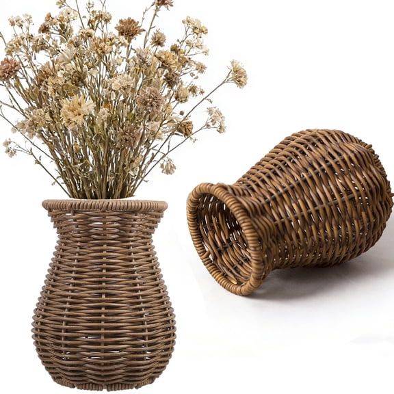 Decorative Rattan Vase, TGY 5.7 Inch Hand Woven Plastic Rustic Flower Vase for Home Decor, Round Wicker Vase Basket for Table Centerpieces, Cabinet & Desktop Decoration