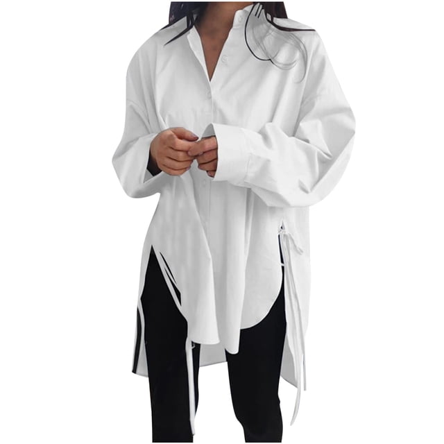 Jsaierl Tunique Asymétrique à Lacets pour Femmes, Manches Longues, Col à Revers, Décontractée et Ample