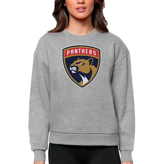 Women's Antigua Heather Gray Florida Panthers Primary Logo Team Logo Victory Crewneck Pullover Sweatshirt