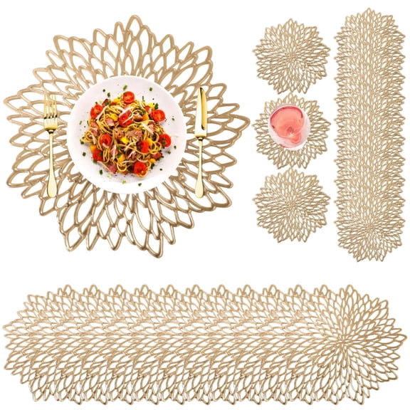 MQUPIN Set of 10 Round Placemats Gold, Heat-Resistant PVC Table Mats with Luxury Metallic Glossy Finish for Thanksgiving Christmas Wedding Party Decor, Easy to Clean