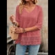 thumbnail image 5 of Camiseta de Verano con Cuello en V, 3/4, Estilo Retro, y con Bordado de Patchwork de Encaje Vintage para Mujer. Rosa M, 5 of 10