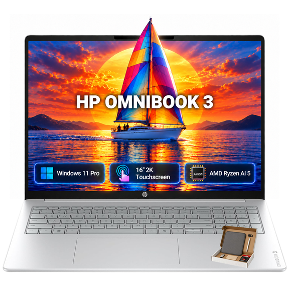 HP OmniBook 3 16" 2K IPS Touchscreen Laptop, AMD Ryzen 5 40, 8GB LPDDR5 RAM, 256GB SSD, AMD Radeon 610M Graphics, AI Copilot Key, Advanced AI Noise Reduction, Windows 11 Pro