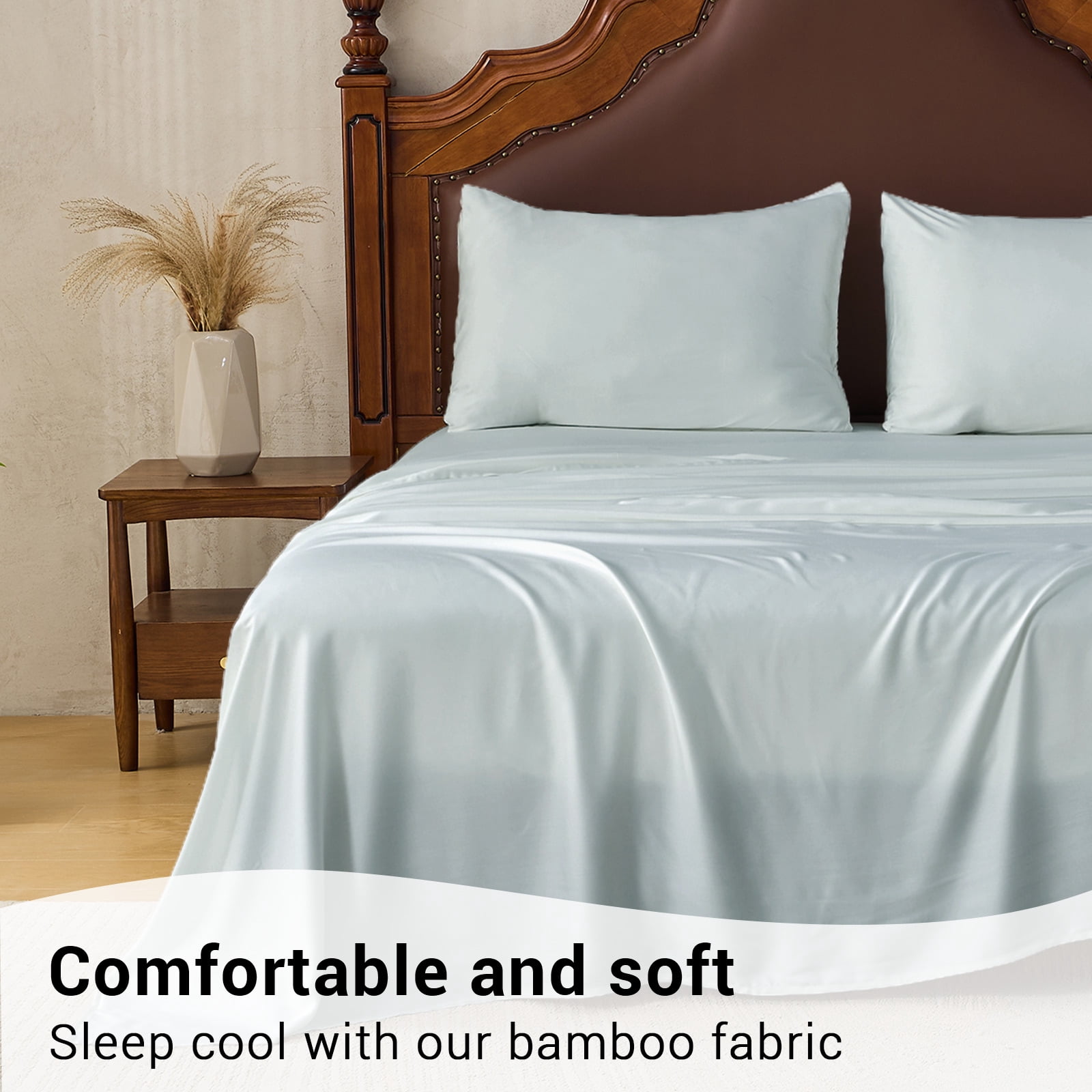 Hitime 4PC Bamboo Full Sheet Set, Deep Pocket Fit 16", Breathable Super Soft Luxury Hotel Style Home Decor Full Size Sheet Set, Gift for Women, Men - 2 Pillowcases, 1 Flat Sheet, 1 Fitted Sheet
