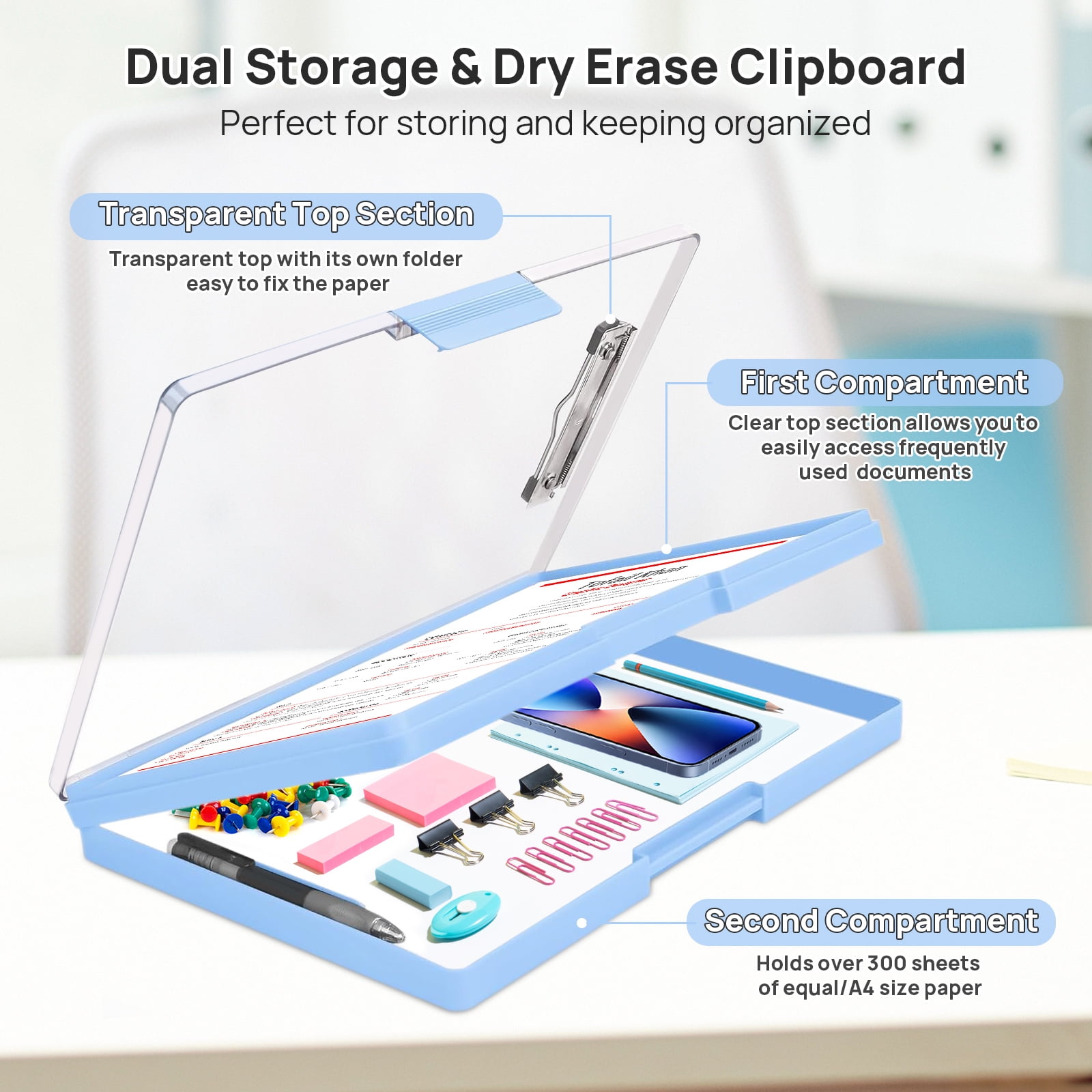 AGCAN Clipboard with Storage Case, Heavy Duty Foldable Clip Boards 8.5x11, Clearview Dry Erase Nursing Clipboard, School Office Supplies, Blue