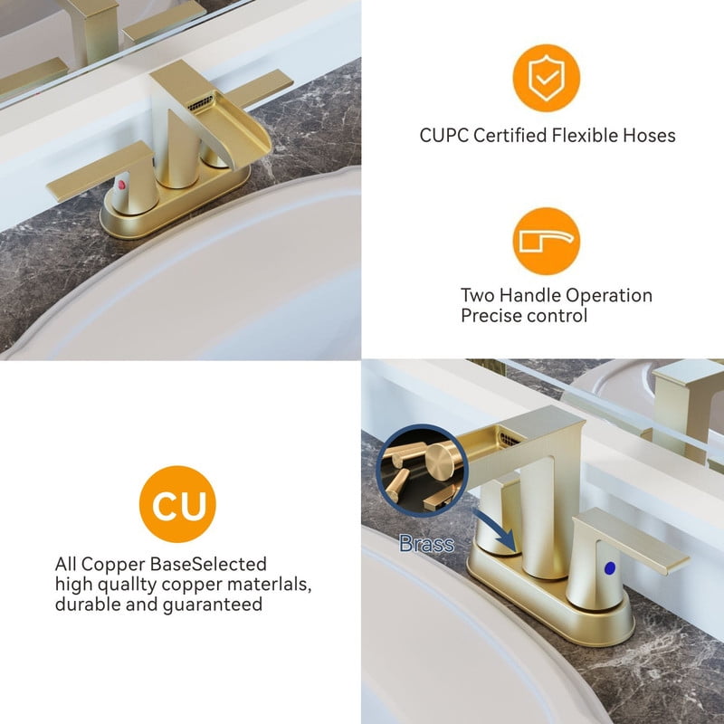 AUKTOPT Bathroom Faucet with Waterfall Spout, Dual Handle Solid Brass 3 Hole Deck Mount Sink Faucet, Easy Installation, Water-Saving, Brushed Gold
