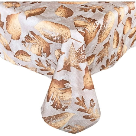 

Newbridge Metallic Foliage Contemporary Autumn and Thanksgiving Fabric Tablecloth Golden Metallic Leaf Print Soil Resistant No Iron Easy Care Tablecloth 70 Inch Round Taupe
