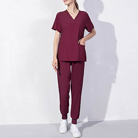 

Alrise Women s Scrubs Joggers Set V-Neck Two-Piece Wash Clothes Set Elastic Quick-Drying Clothes Wine XX-Large