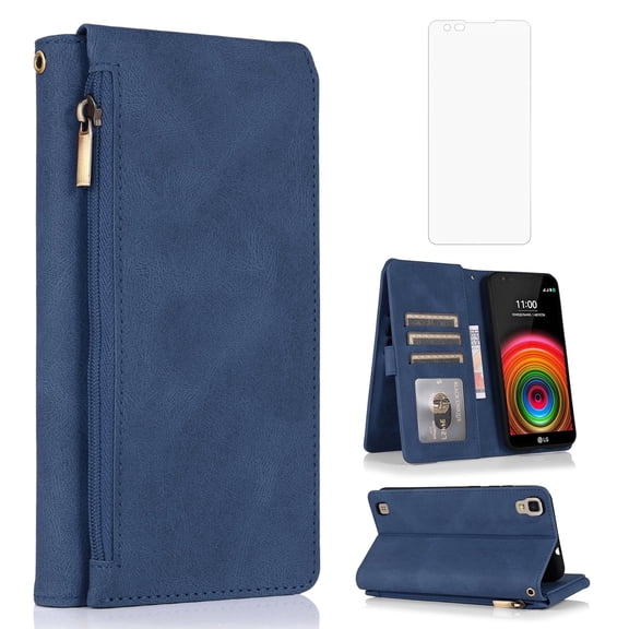 Asuwish Wallet Kickstand Hard Shell Cell Phone Case with Tempered Glass Screen Protector for LG X Power, Blue
