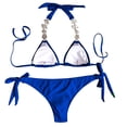 thumbnail image 4 of Wuxian 2 Piece Bikini Set For Women Swimsuit Halter Neck Spaghetti Strap Deep V-Neck Backless Lace Up Rhinestone Swimming Bandeau Solid Color Triangle Tie Stylish Cheeky Bathing Suit,Blue,M, 4 of 8