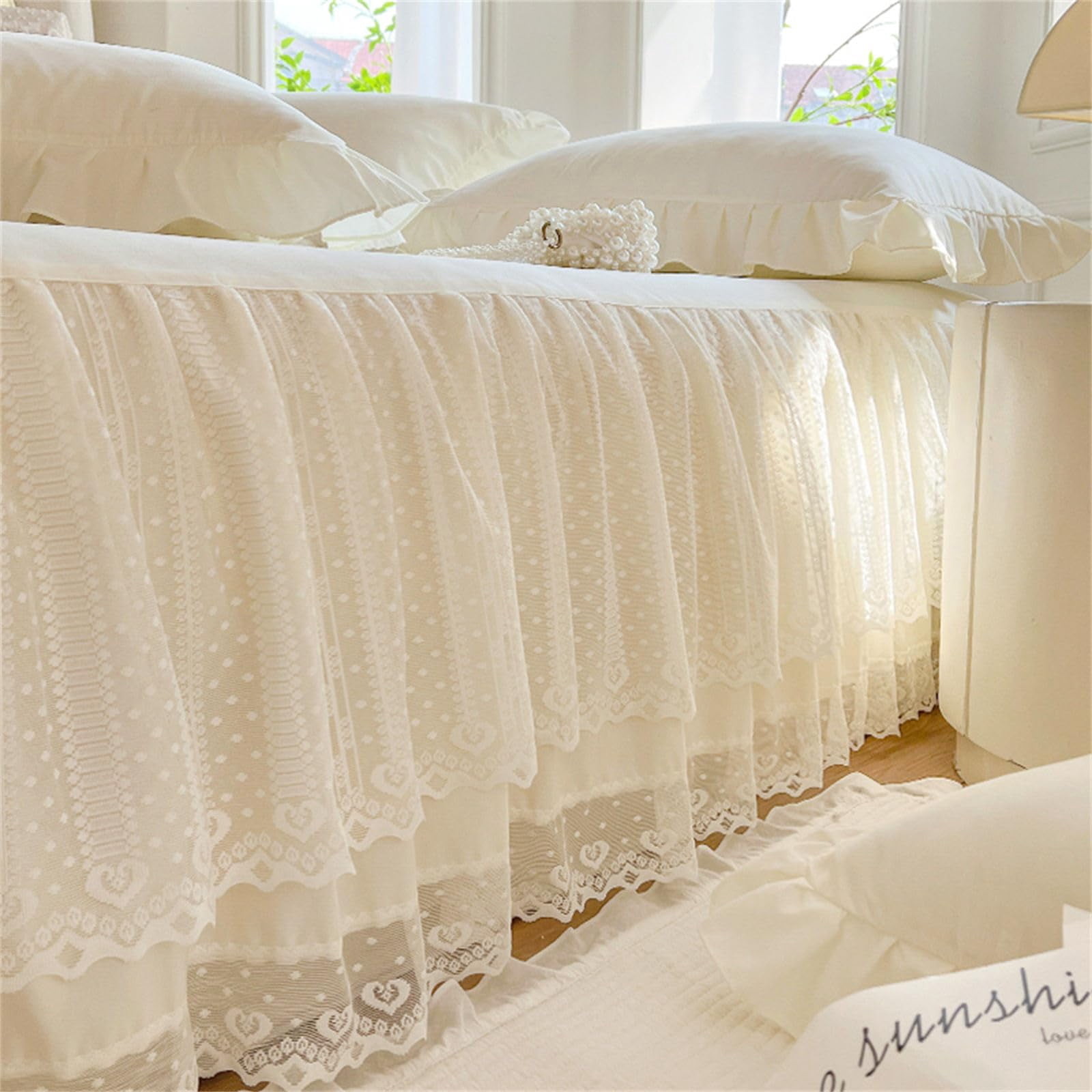 Double Layers Lace Ruffle Skirt Bedspread Sheet - French Style Brushed Microfiber Bed Sheet with Frilled Hem