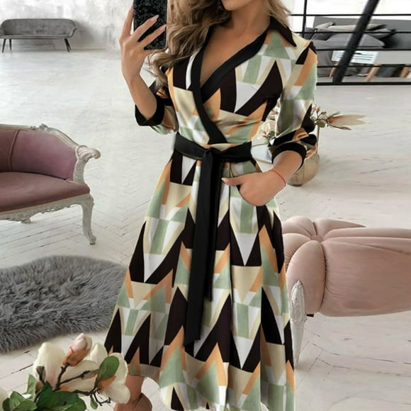 Pisexur Womens Long Sleeve Maxi Dress Boho Chiffon Printed Collared Neck Long Robe Loose Spring Dresses