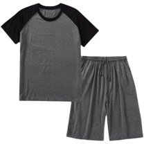 SWSMCLT Men's Pajama Set Elastic Waist Drawstring 2 Piece Raglan Knee Length Short Sleeve Pajamas Summer Sleeping Pjs Cool Sleepwear Short Sleeve Shirt Shorts Set Soft Black XX-Large