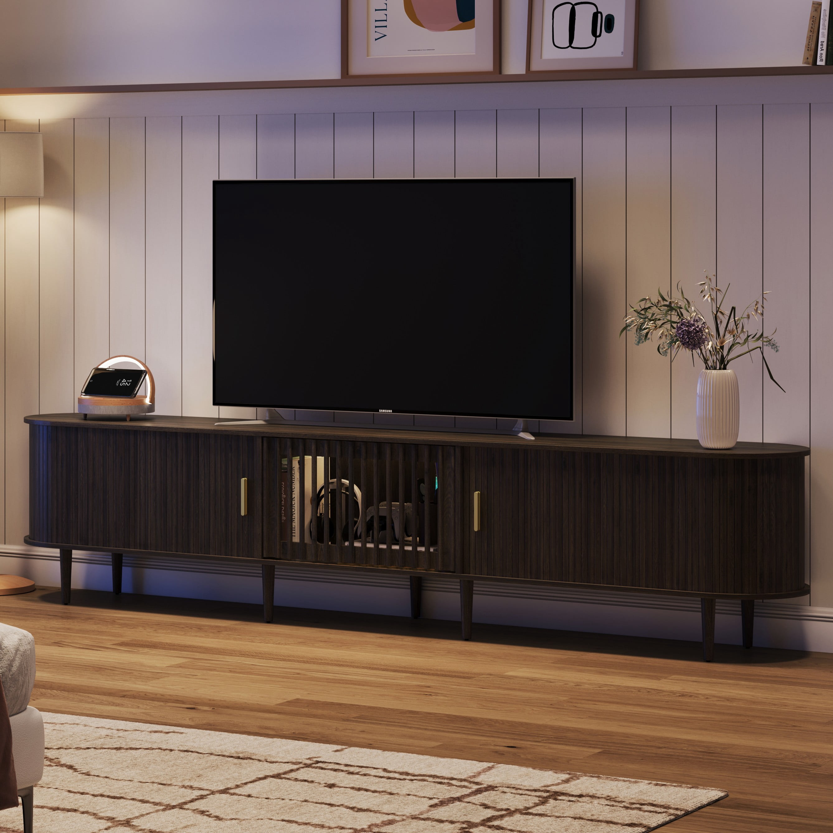 CHIC HOUSE 95" Extra Long TV Stand for 85/90/98/100" TVs with LED Light, Mid-Century Modern Entertainment Center with Storage Shelves & Sliding Tambour Door, Walnut