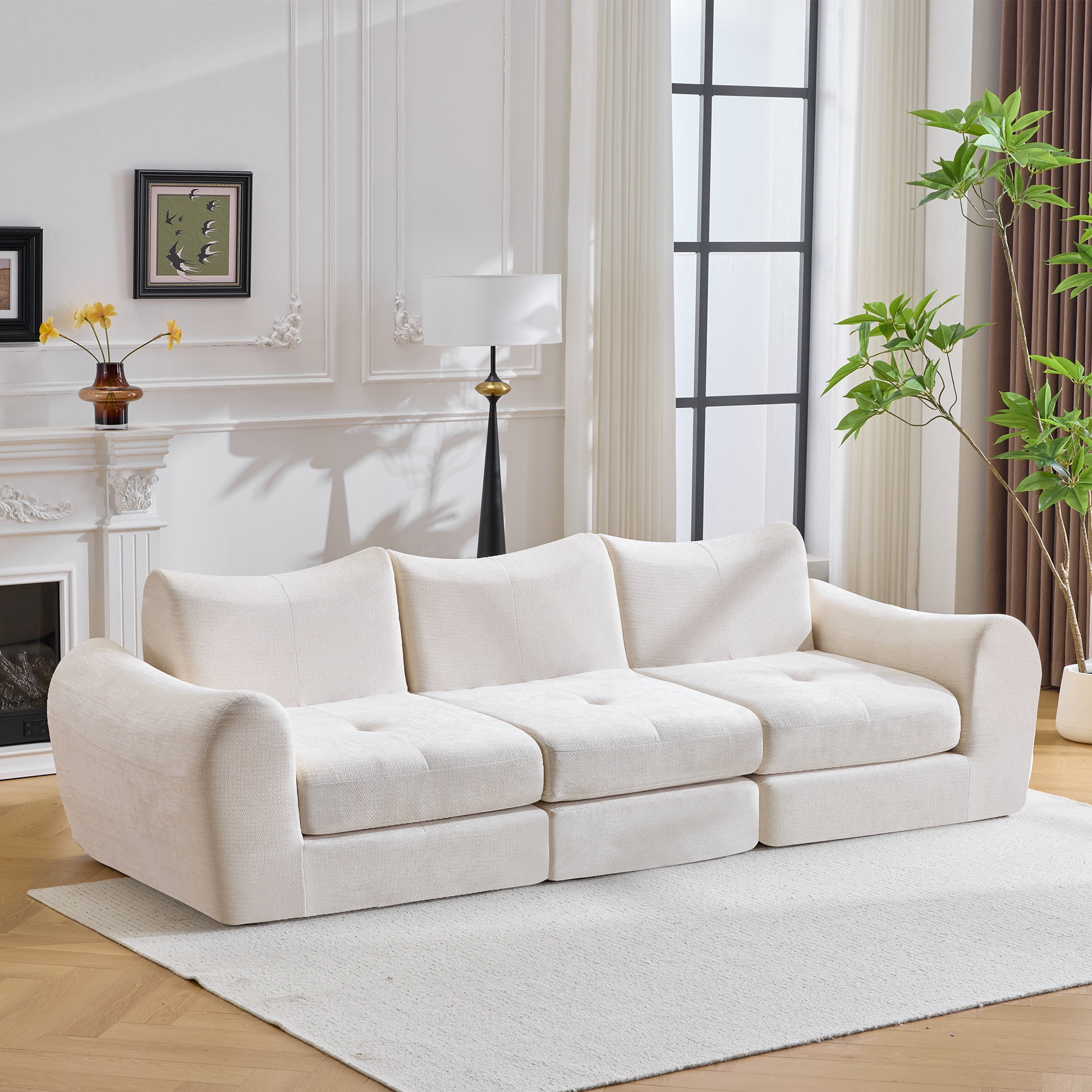 Gewnee Folding Sofa Bed,Modular Convertible Couch with Pillows,Pull Out Floor Couch,Chenille Boneless Futon Bed for Living Room,Bedroom.White