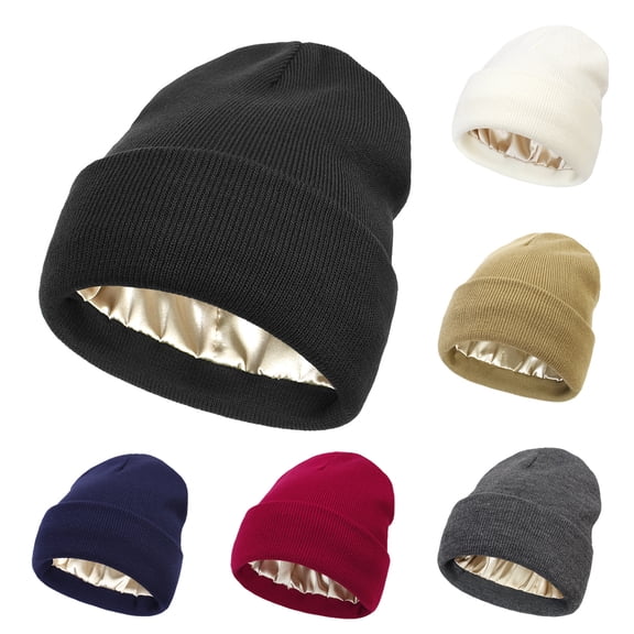 Wutalume Thermal Satin Lined Winter Bonnet for Women, Chunky Knit Skull Cap with Hair Protection, Warm Unisex Beanie for Cold Weather,Black