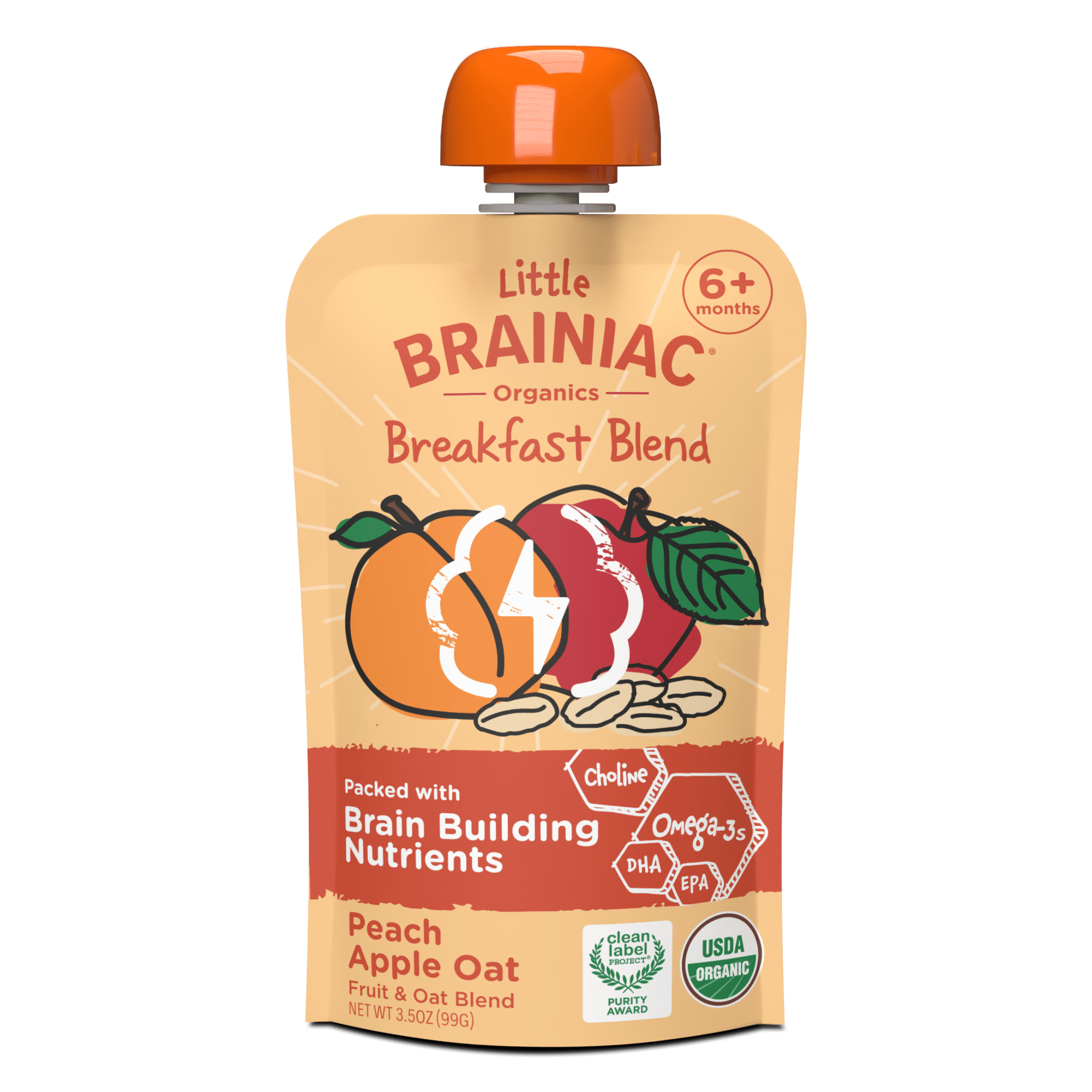 (12 pack) Little Brainiac Organic Fruit & Oat Toddler Food with BrainPack, Peach Apple Oat, 3.5oz