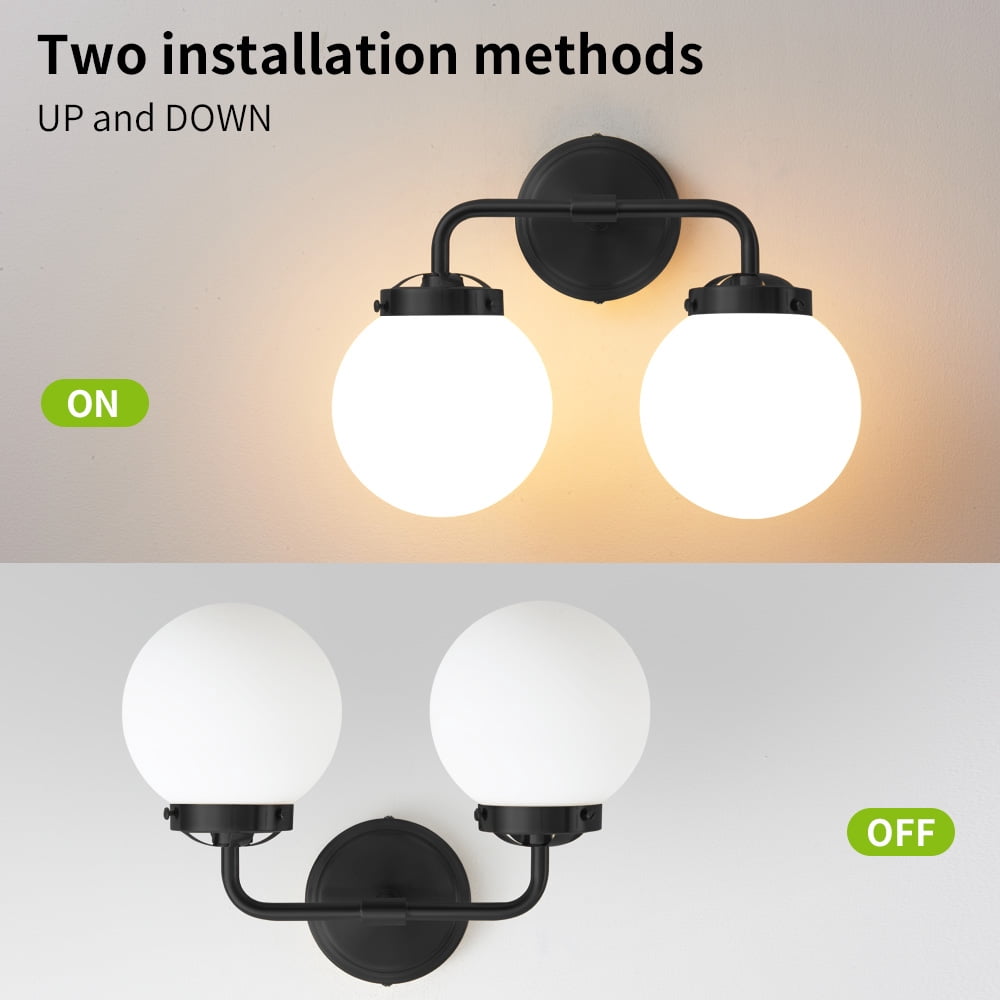 Deyidn 2-Light Modern Vanity Light, Black Bathroom Light Fixture with Milk White Glass Globes, 45 Inch Bathroom Wall Sconce for Mirror