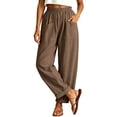 thumbnail image 4 of HomeDM Women's Pants Wide Leg Casual Loose Cotton Linen Elastic Waist Trousers Brown Lounge Pants for Athletic Work Size 2XL, 4 of 6