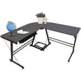 thumbnail image 2 of FCH L-Shaped Computer Desk, Corner Desk w/Monitor Shelf, CPU Stand & Sufficient Desktop Space, Upgraded Tempered Glass Table Top, Steel Frame Legs, Black, 2 of 7