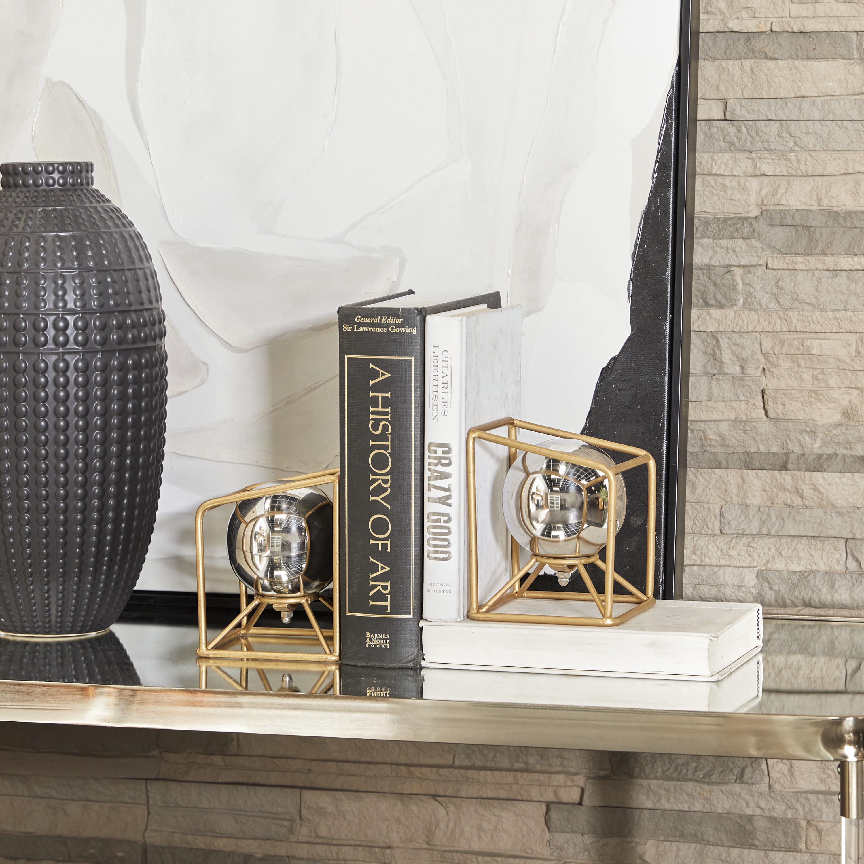DecMode Contemporary Gold Stainless Steel Open Cube with Silver Balls Globe Bookends, Set of 2 5"W x 6"H