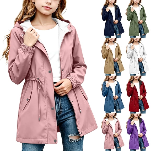 Piuwrlz Kids Fall Hood Outwear Jacket Girls Plain Zipper Jackets Pocket Windbreaker Khaki Size 5 T