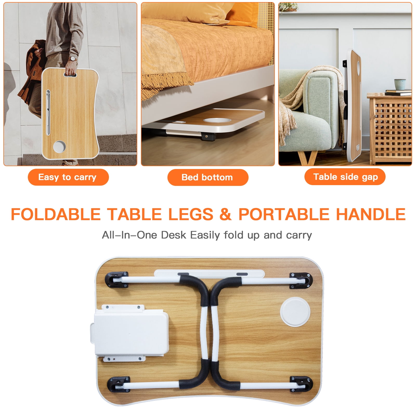 PHANCIR Lap Desk with Handle, 23.6" Foldable Wood Laptop Desk Nonslip, Durable Edge with Slots Cup Holder & Drawer, for Home Reading Writing Eating & On-the-Go Use, Walnut