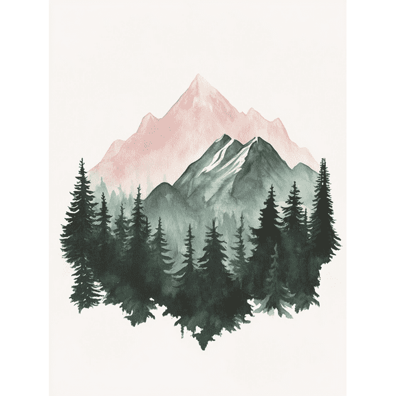 Pink Mountains and Forest Watercolor Wall Art Canvas Print, Perfect for Living Room, Bedroom, Bathroom, Office, and Dining Room Decor