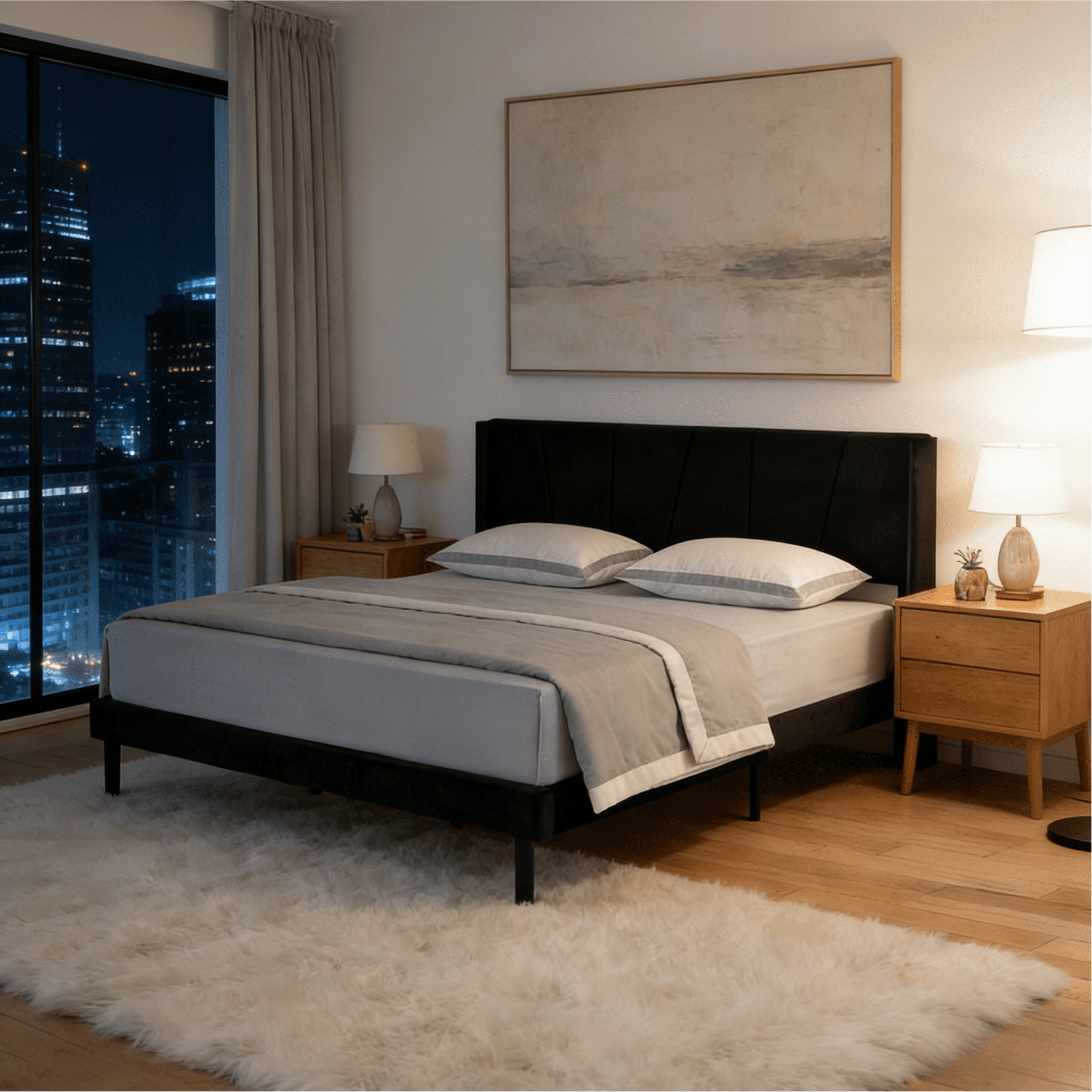 Gewnee King Size Platform Bed Frame with Upholstered Velvet Headboard,Wood Slats Support,Easy Assembly,No Box Spring Needed,Black