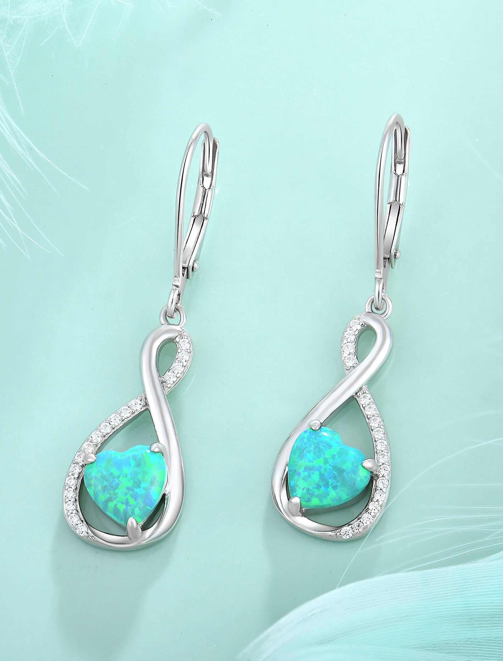 VESITIM Infinity Dangle Leverback Earrings 925 Sterling Silver Heart Earrings Created Green Opal Jewelry for Women