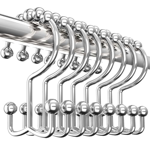 Double Glide Roller Shower Curtain Hooks,Double Sided Rings,Rust Proof Shower Curtain Hooks,Nickel