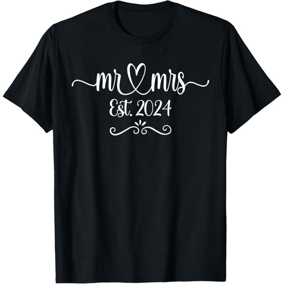 t-shirt Mr. And Mrs. Est. 2024 Just Married Wedding Husband & Wife T-Shirt mens，black，women，funny，journey，Crew Neck, Short Sleeve,custom clothing patterns.gift