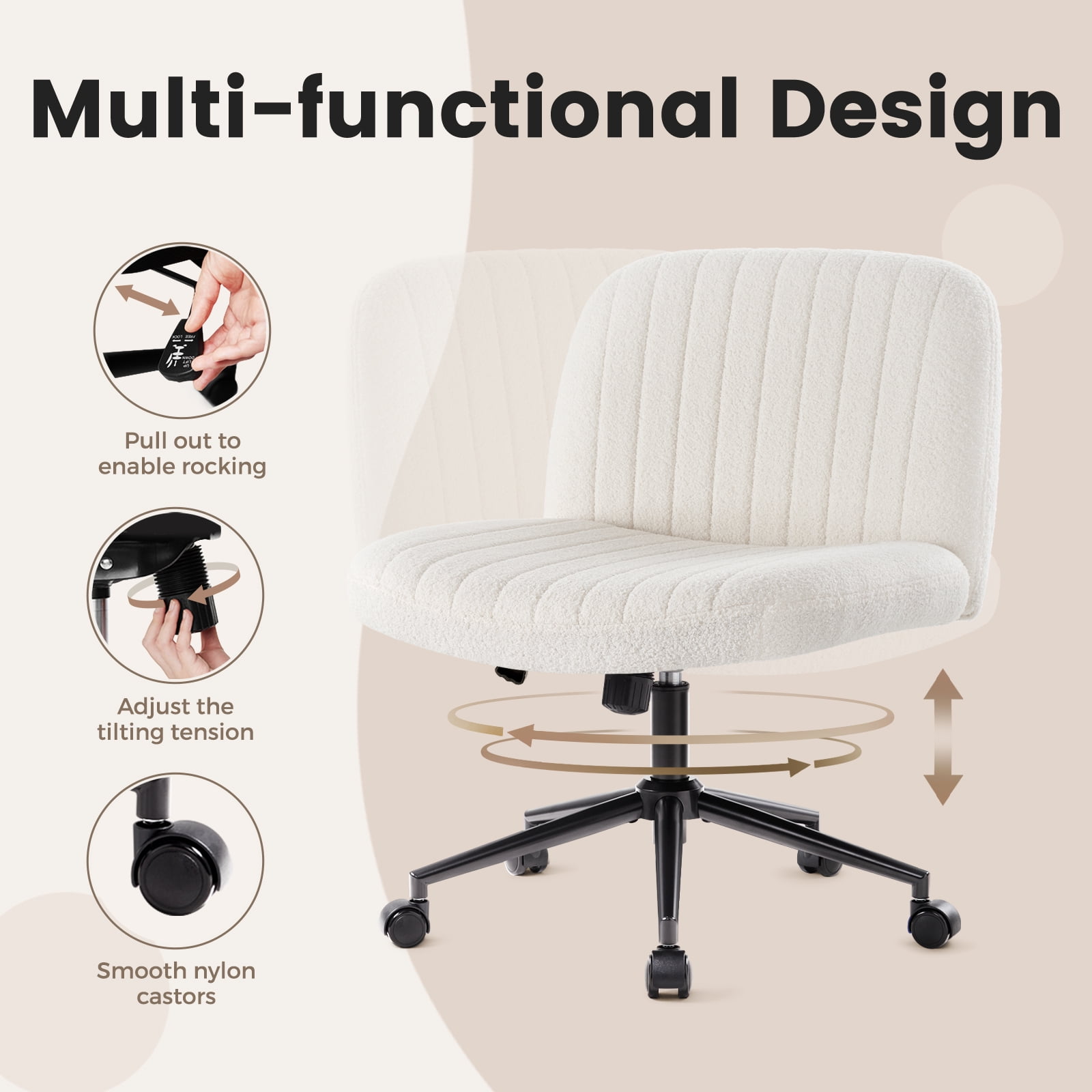 White Criss Cross Chair with Wheels, Armless Wide Seat Office Chair, Teddy Fabric,Cross Legged Desk Chair,Height Adjustable Computer Task Chair,Swivel Vanity Chair for Bedroom,Make Up,Small Space