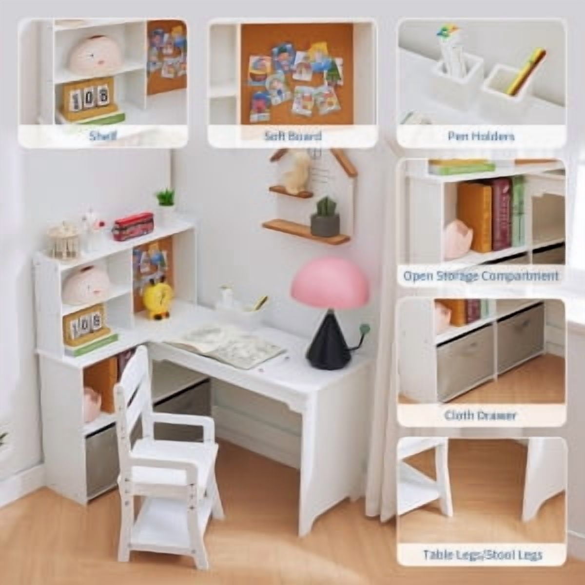 Juiluna Kids Corner Desk, Desk and Chair Set for Children, L Shape Kids Study Table - Features Bulletin Board Open Shelves & Storage Cabinets and Cloth Drawers, White/Pink