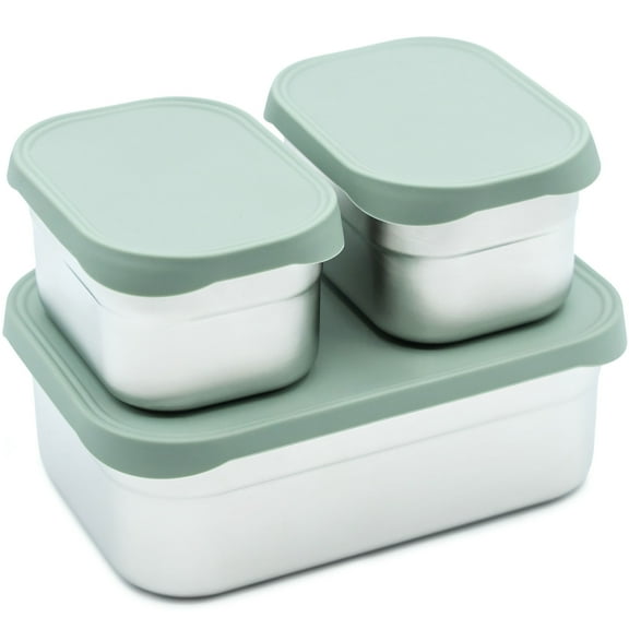 WeeSprout Stainless Steel Lunch Box Set - 750mL & 230mL Nested Bento Boxes, Matte Green