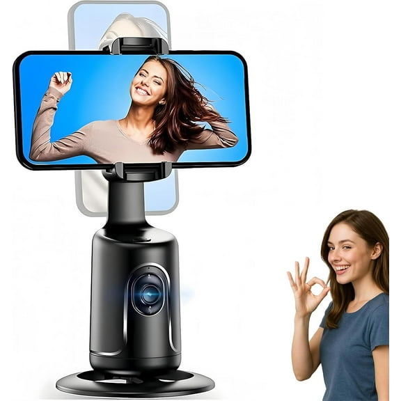 Smart AI Facial Recognition Phone Tripod, 360° Auto Face Tracking, Gesture Control, No App Needed, Rotating Phone Holder Stand for Vlogging, Selfies (Black,Without Tripod)
