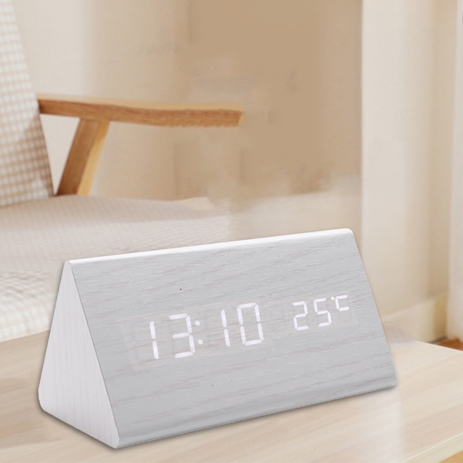 VQPeo Modern Wooden LED Alarm Clock – Digital Wall or Desk Clock with Day, Date & Temperature Display, USB & Battery Powered, Adjustable Brightness, 3-Alarm Timer