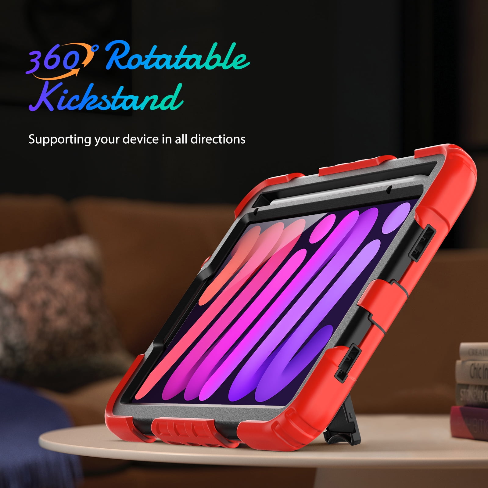 Shockproof Case for Apple iPad mini 6 /7 8.3" with Build In Screen Protector, Rugged Rotating Stand Shoulder Strap Pencil Holder Kids Friendly Bumper Case for Apple iPad mini 6/ Mini 7, Red