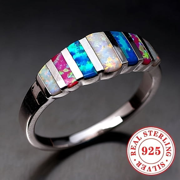 1pc Women's Fashion Ring 3.4g S925 Pure Silvery Inlaid Colorful Synthetic Opal Ring Women's Daily Casual Vacation Party Pride Month Jewelry Gift,Silvery10