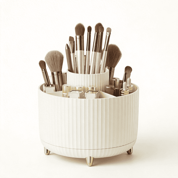 360° Rotating Makeup Brush Organizer with Gold Feet, Partitioned Cosmetic Storage Holder, Desktop Vanity Organizer for Brushes, Skincare, & Pens - Beige
