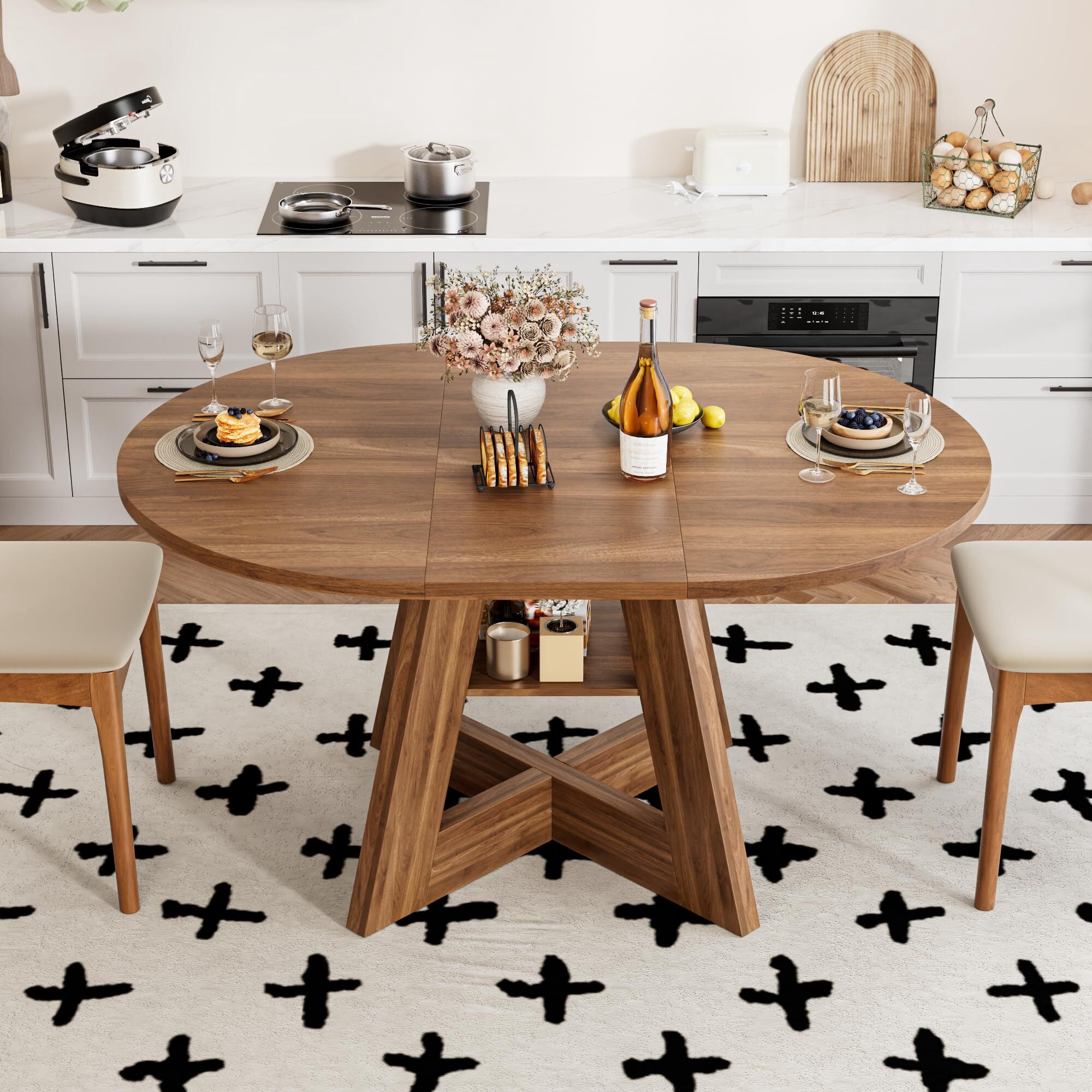 Fsbecl Mid Century Modern Extendable Round Dining Table 43.3in-59in for 4-8, Wooden Kitchen Dining Table, Walnut