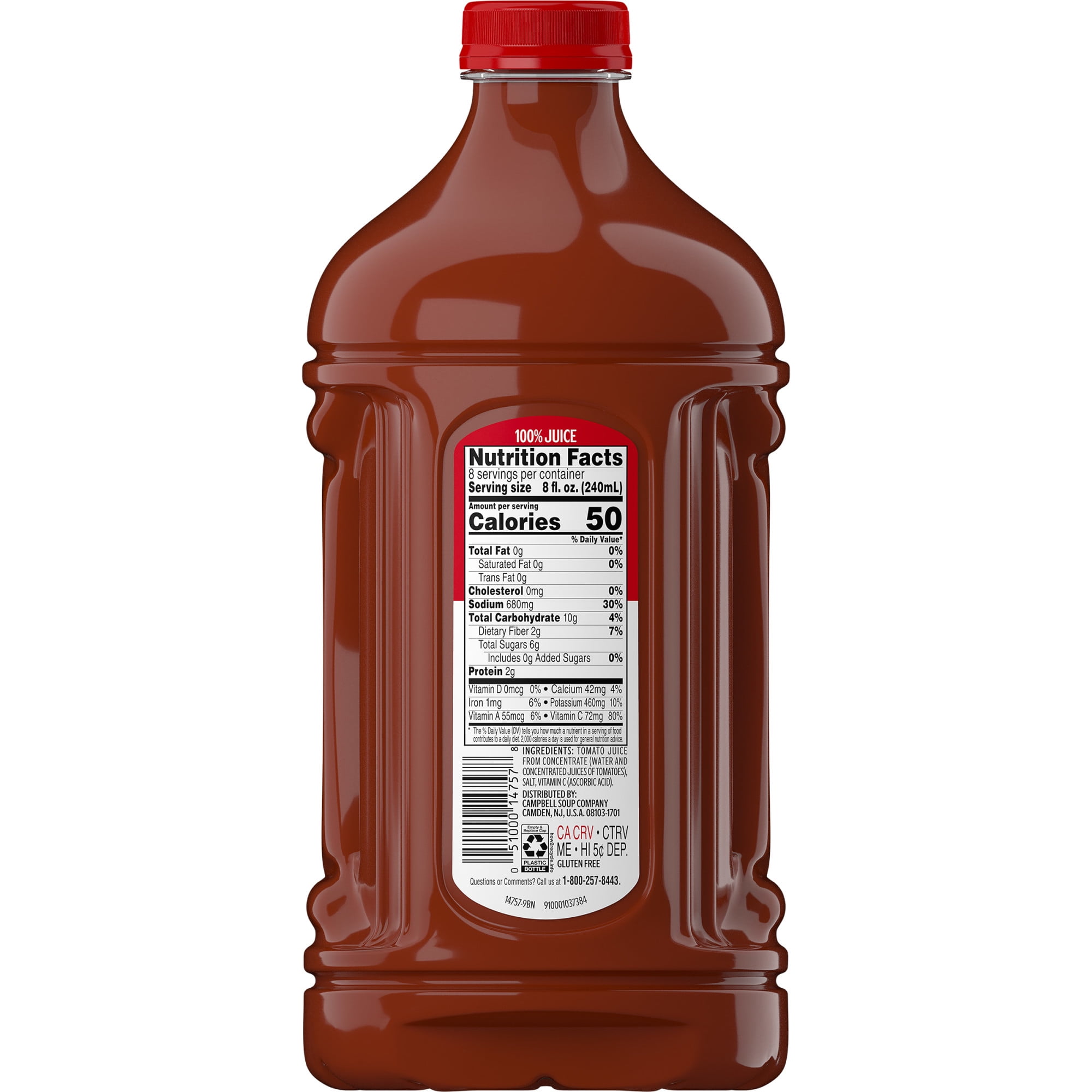 (6 pack) Campbell’s 100% Tomato Juice, 64 fl oz Bottle