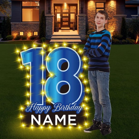 27.5 Inch 18 Happy Birthday Large Yard Signs Personalized Name 18th Lawn Sign Black Blue LED Light Strings With Stakes for Boys Outdoor Celebrations Party Supplies