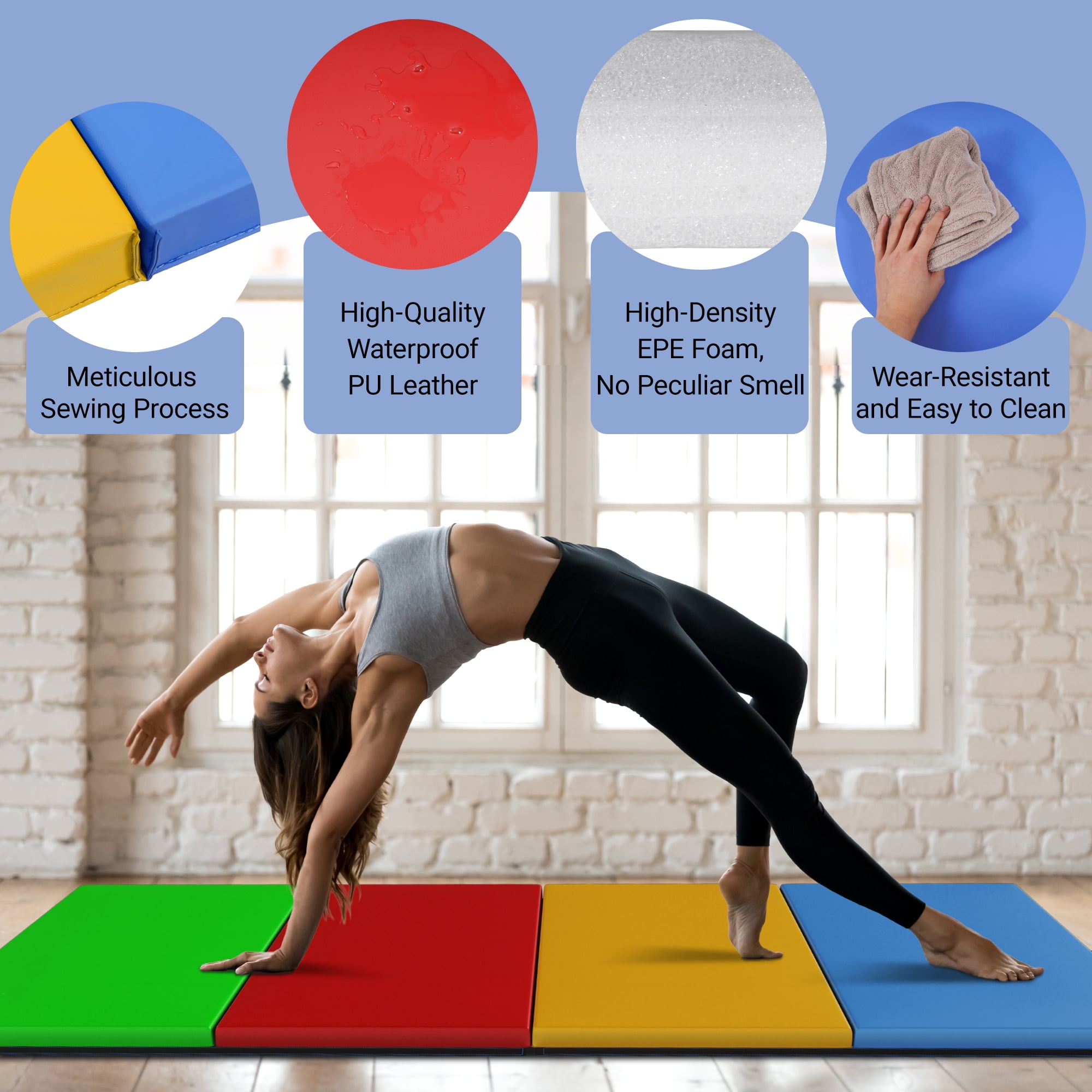 BalanceFrom Versatile 4'x8'x2" High-Density Gym Mats - Extra Thick, Anti-Tear, Easy-Clean, Foldable for Aerobics, Yoga, Martial Arts, with Durable Vinyl and Velcro, Multiple Colors