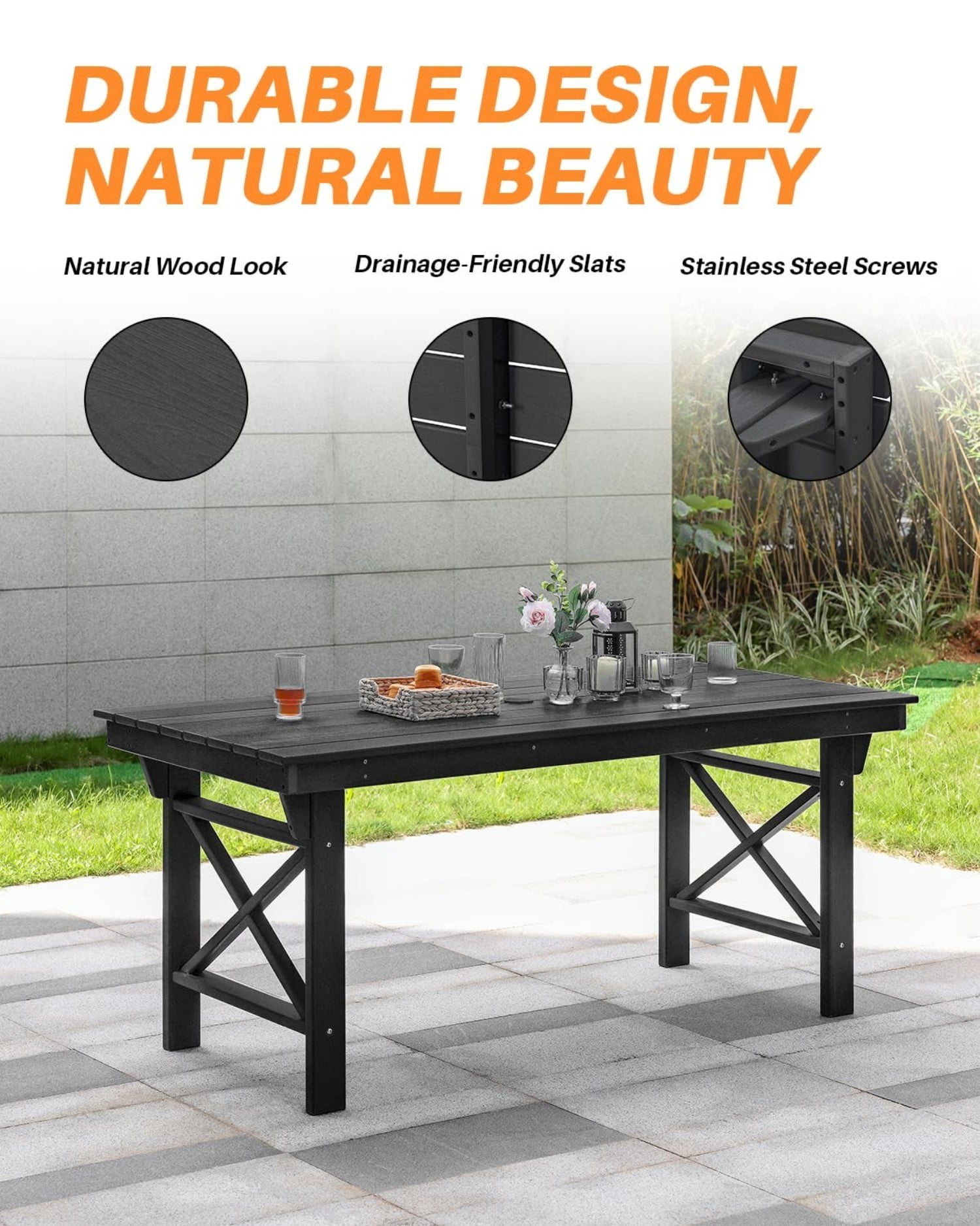 HDPE Outdoor Dining Table for 6, 66.9" Rectangular Patio Dining Table with 2.2" Umbrella Hole, All-Weather Outdoor Table for Backyard, Deck, Garden, Poolside, Obsidian