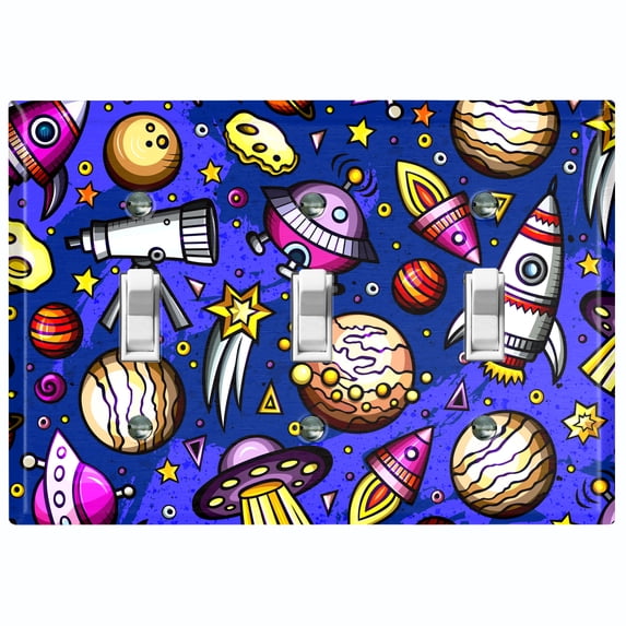 Metal Light Switch Wall Plate Outlet Cover (Spaceship UFO Astronaut Rocket Outerspace Star Blue Purple - Triple Toggle)