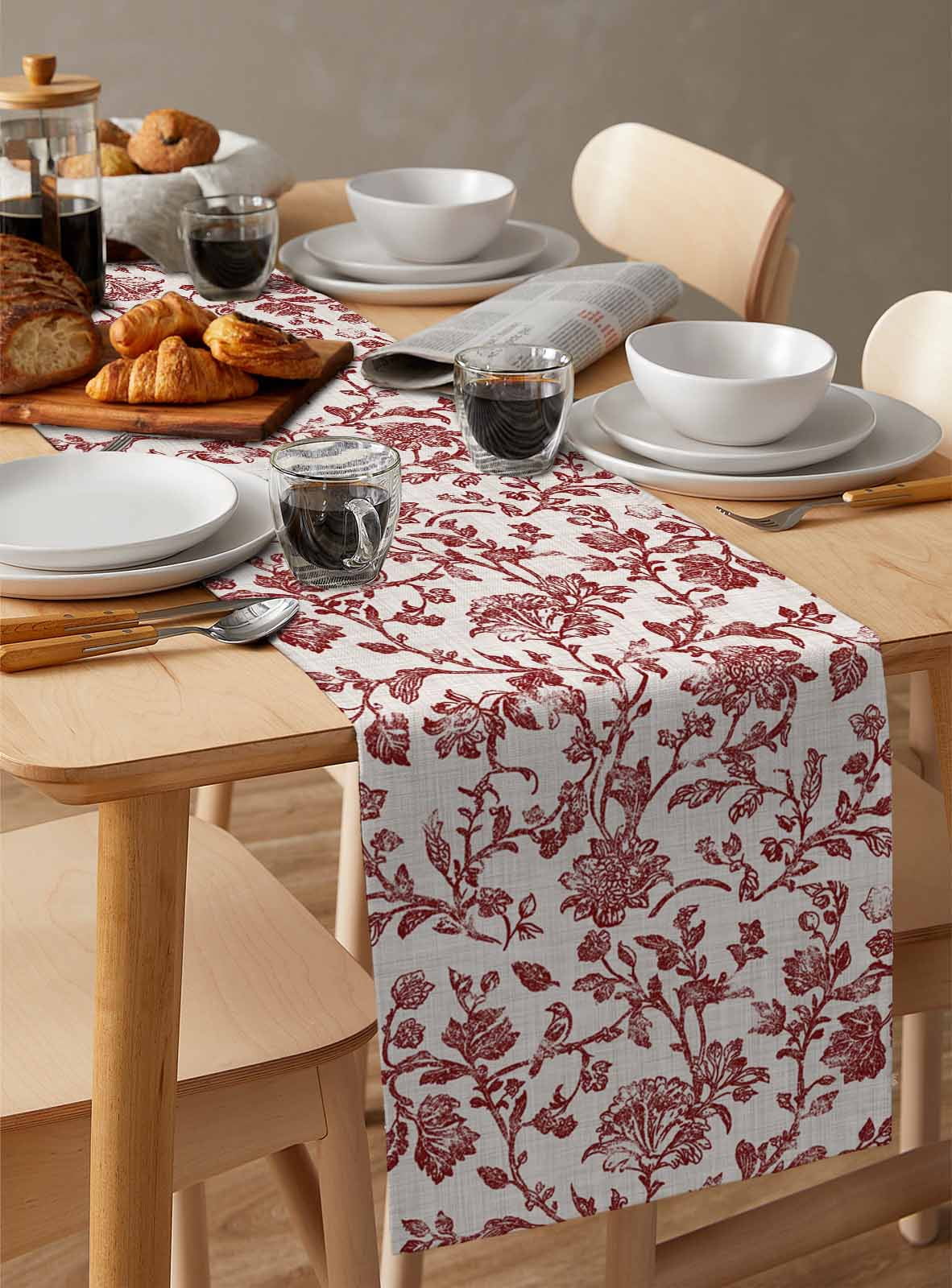 Farmhouse Red Burlap Cotton Table Runner 13x90 Inches Long, Vintage Flower Leaf Botanical Plant Farmhouse Table Runners, Outdoor Dining Tablecloths Decor for Baby Shower/Party/Wedding