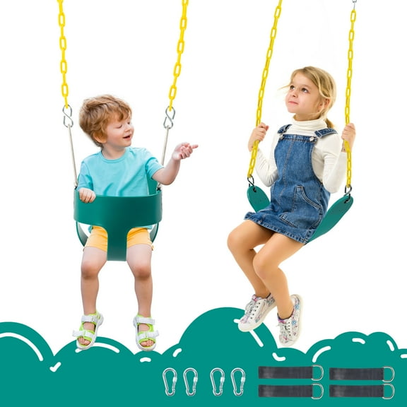 SAZYY Baby Swing Outdoor - Heavy Duty Toddler Swing Set Accessories, High Back, Full Bucket Seat with Coated Chains for Outdoor Use - Fully Assembled - Green