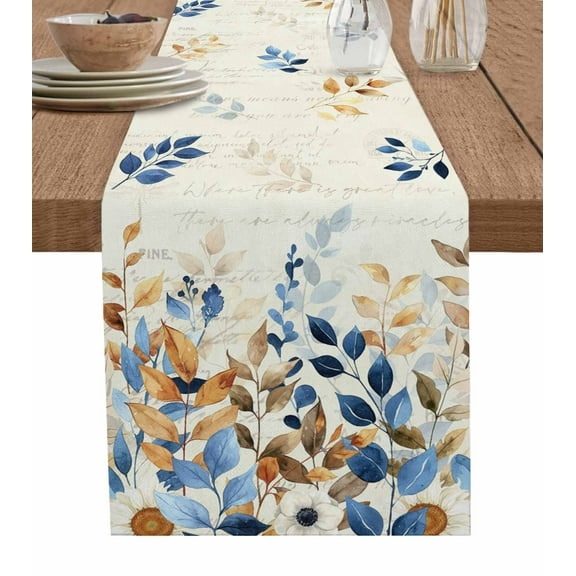 Fall Botanical Leaves Burlap-Cotton Table Runner 70 Inches Long,Blue Orange Brown Eucalyptus Retro Rustic Farmhouse Table Runners,Outdoor Dining Tablecloths Decor for Baby Shower Party Wedding 13x70
